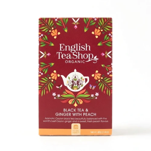 Organiczna herbata czarna z imbirem i brzoskwinią English Tea Shop — opakowanie, zdjęcie studyjne