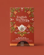Organiczna herbata czarna z imbirem i brzoskwinią English Tea Shop — opakowanie na tle w kolorze produktu
