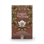 Ekologiczna herbatka ziołowa rooibos z ziarnami kakaowca i laskami wanilii English Tea Shop — opakowanie, zdjęcie studyjne