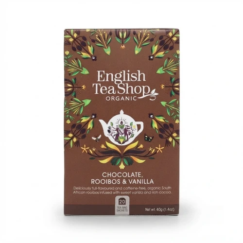 Ekologiczna herbatka ziołowa rooibos z ziarnami kakaowca i laskami wanilii English Tea Shop — opakowanie, zdjęcie studyjne