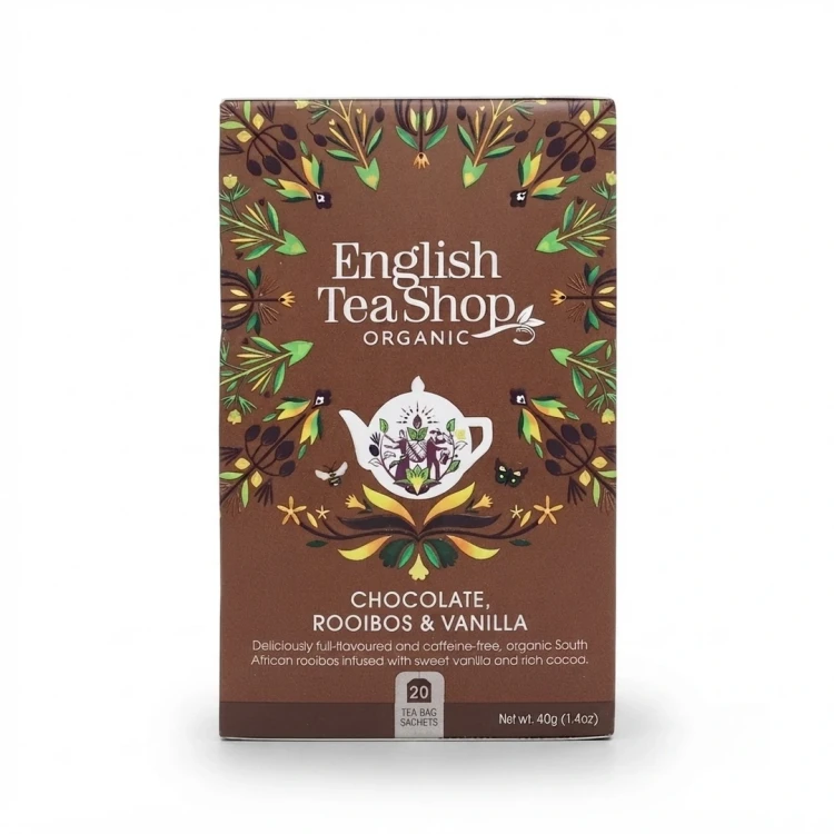Ekologiczna herbatka ziołowa rooibos z ziarnami kakaowca i laskami wanilii English Tea Shop — opakowanie, zdjęcie studyjne