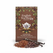Ekologiczna herbatka ziołowa rooibos z ziarnami kakaowca i laskami wanilii English Tea Shop — opakowanie i zawartość produktu