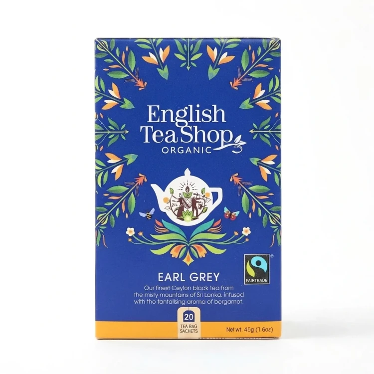 Organiczna herbata czarna z bergamotką English Tea Shop — opakowanie, zdjęcie studyjne
