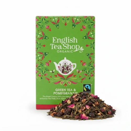 Organiczna herbata zielona z granatem English Tea Shop — opakowanie i zawartość produktu