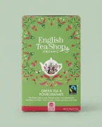 Organiczna herbata zielona z granatem English Tea Shop — opakowanie na tle w kolorze produktu