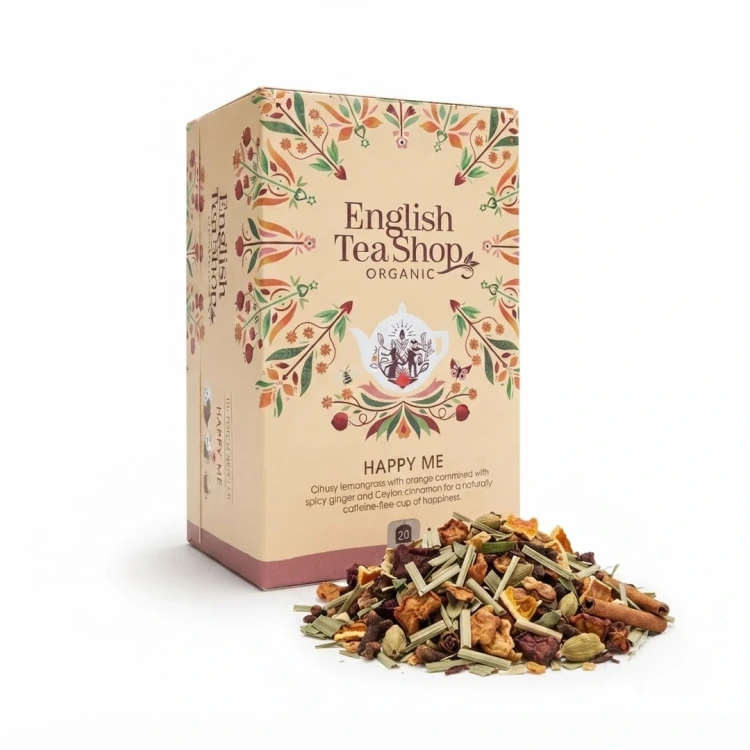 Organiczna herbatka ziołowa z trawy cytrynowej z jabłkiem. skórką pomarańczy i przyprawami - Happy Me English Tea Shop — opak