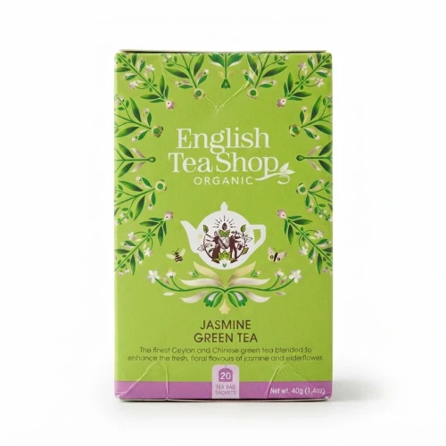 Organiczna zielona herbata z jaśminem i dzikim bzem English Tea Shop — opakowanie, zdjęcie studyjne