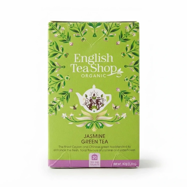 Organiczna zielona herbata z jaśminem i dzikim bzem English Tea Shop — opakowanie, zdjęcie studyjne