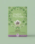 Organiczna zielona herbata z jaśminem i dzikim bzem English Tea Shop — opakowanie na tle w kolorze produktu