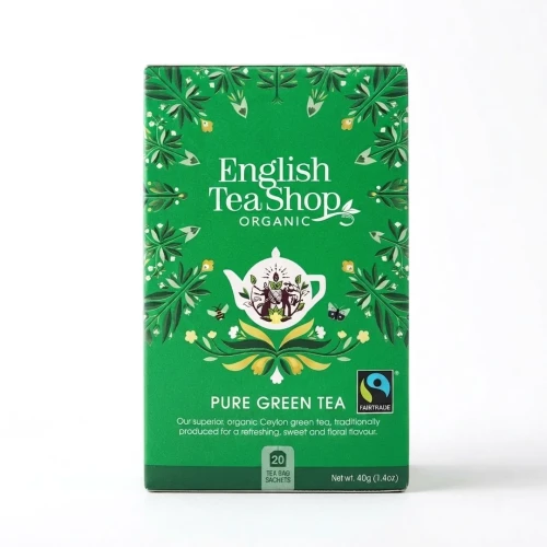 Organiczna herbata zielona cejlońska English Tea Shop — opakowanie, zdjęcie studyjne