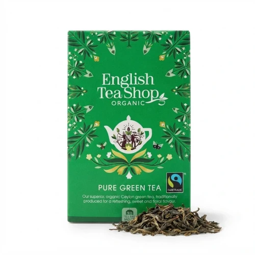 Organiczna herbata zielona cejlońska English Tea Shop — opakowanie i zawartość produktu
