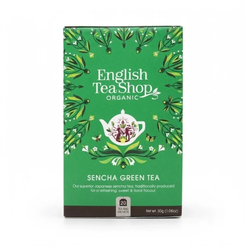 Organiczna zielona herbata Sencha English Tea Shop — opakowanie, zdjęcie studyjne