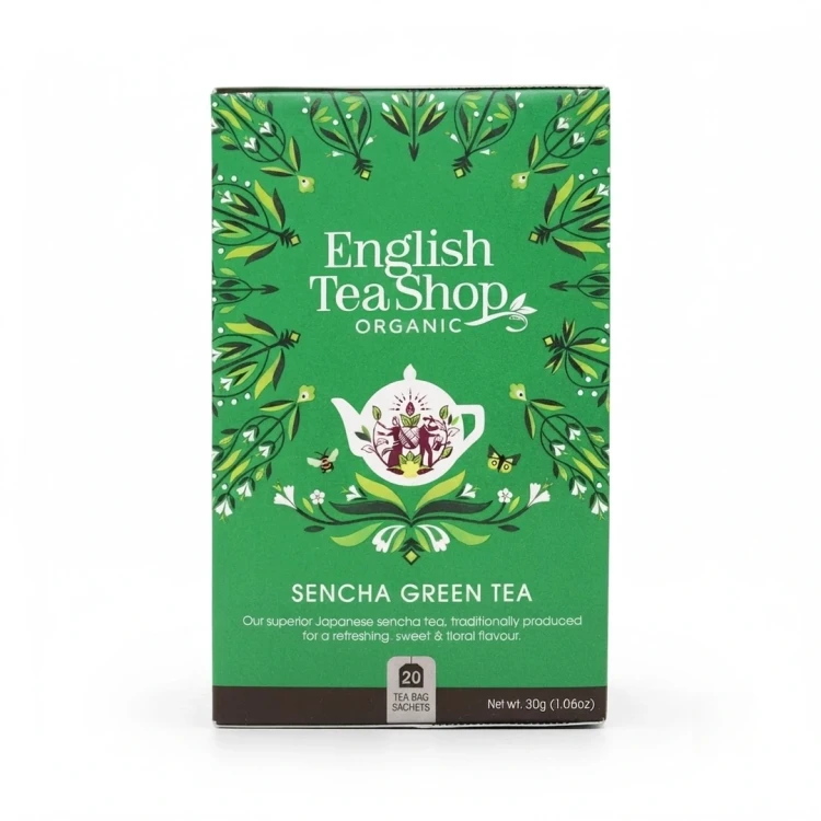 Organiczna zielona herbata Sencha English Tea Shop — opakowanie, zdjęcie studyjne