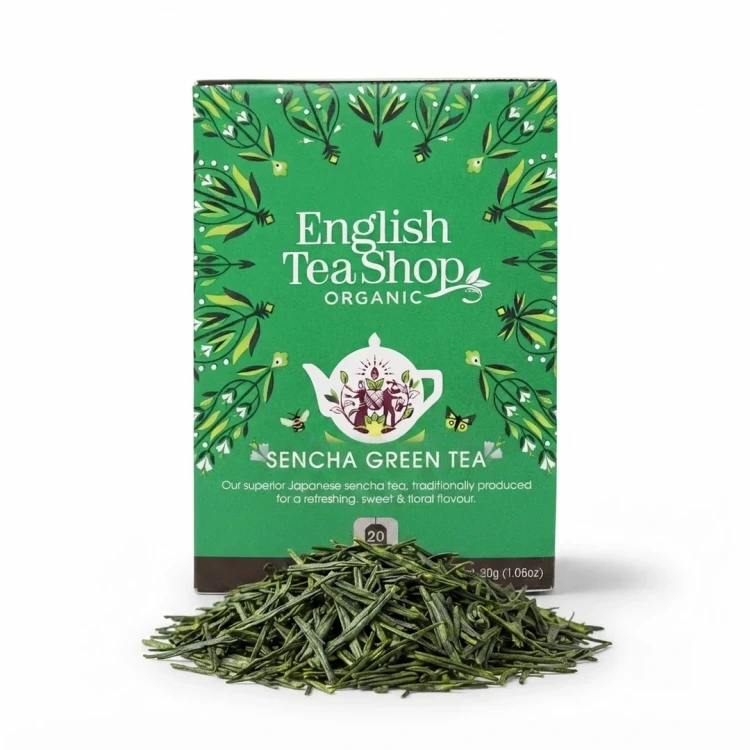 Organiczna zielona herbata Sencha English Tea Shop — opakowanie i zawartość produktu