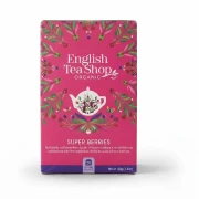 Organiczna herbatka ziołowa z hibiskusa z truskawkami, borówkami i malinami English Tea Shop — opakowanie, zdjęcie studyjne