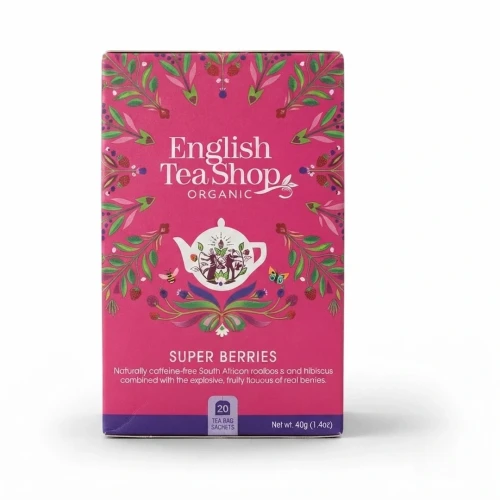 Organiczna herbatka ziołowa z hibiskusa z truskawkami, borówkami i malinami English Tea Shop — opakowanie, zdjęcie studyjne