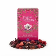 Organiczna herbatka ziołowa z hibiskusa z truskawkami, borówkami i malinami English Tea Shop — opakowanie i zawartość produkt