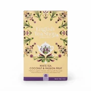 Organiczna herbata biała z trawą cytrynową, kakao, imbirem, marakują i kokosem English Tea Shop — opakowanie, zdjęcie studyjn