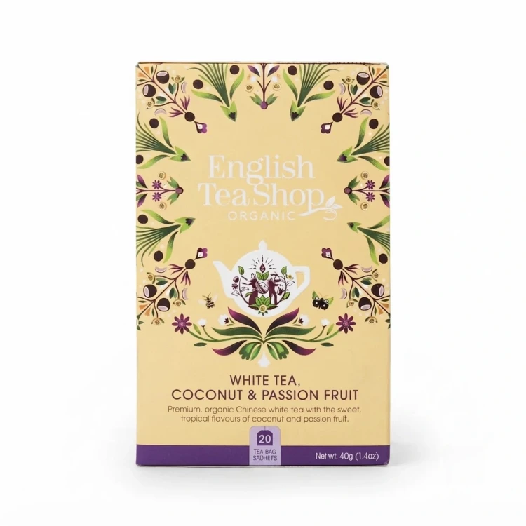Organiczna herbata biała z trawą cytrynową, kakao, imbirem, marakują i kokosem English Tea Shop — opakowanie, zdjęcie studyjn