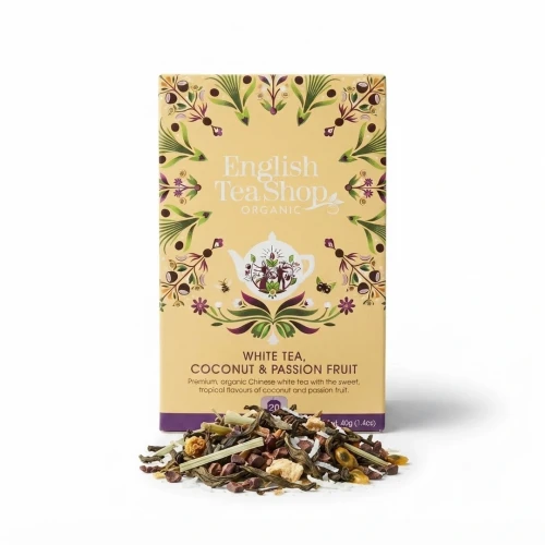 Organiczna herbata biała z trawą cytrynową, kakao, imbirem, marakują i kokosem English Tea Shop — opakowanie i zawartość prod