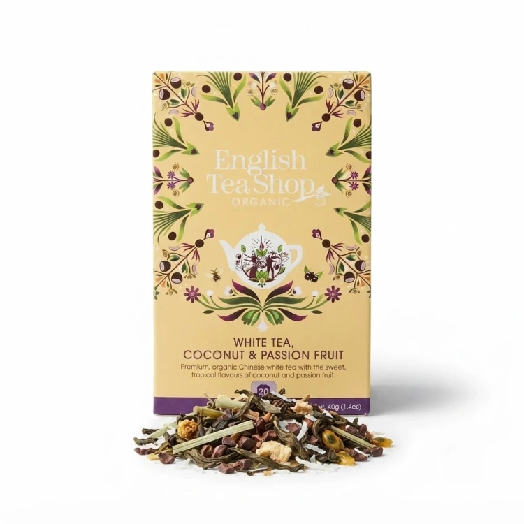 Organiczna herbata biała z trawą cytrynową, kakao, imbirem, marakują i kokosem English Tea Shop — opakowanie i zawartość prod