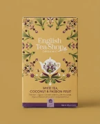 Organiczna herbata biała z trawą cytrynową, kakao, imbirem, marakują i kokosem English Tea Shop — opakowanie na tle w kolorze