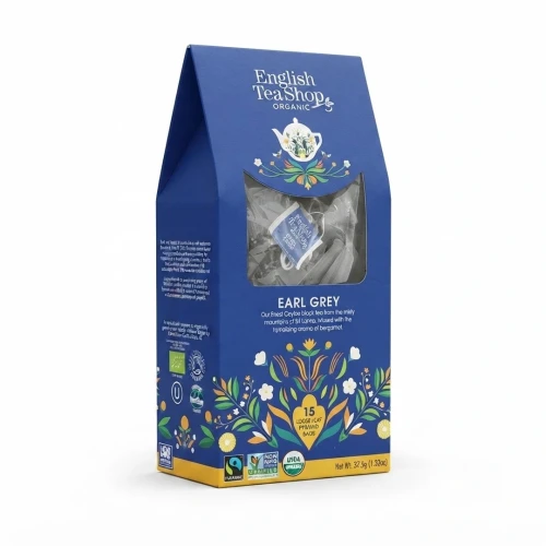 Organiczna herbata czarna z bergamotką w piramidkach English Tea Shop — opakowanie, zdjęcie studyjne