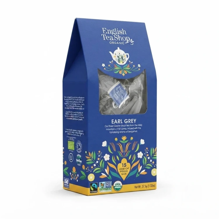 Organiczna herbata czarna z bergamotką w piramidkach English Tea Shop — opakowanie, zdjęcie studyjne