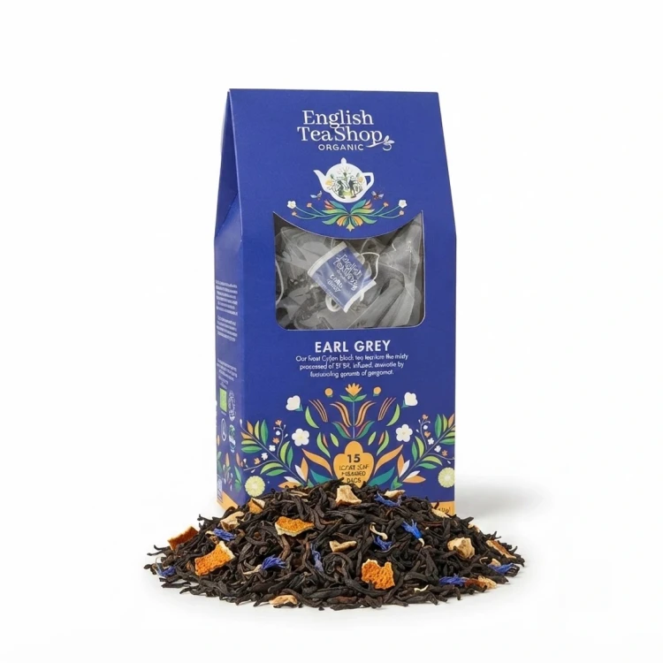 Organiczna herbata czarna z bergamotką w piramidkach English Tea Shop — opakowanie i zawartość produktu