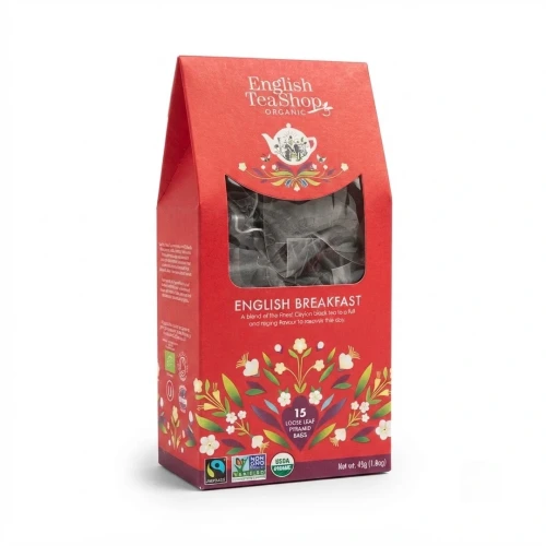 English Breakfast - organiczna herbata czarna cejlońska w piramidkach English Tea Shop — opakowanie, zdjęcie studyjne