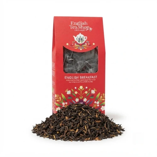 English Breakfast - organiczna herbata czarna cejlońska w piramidkach English Tea Shop — opakowanie i zawartość produktu