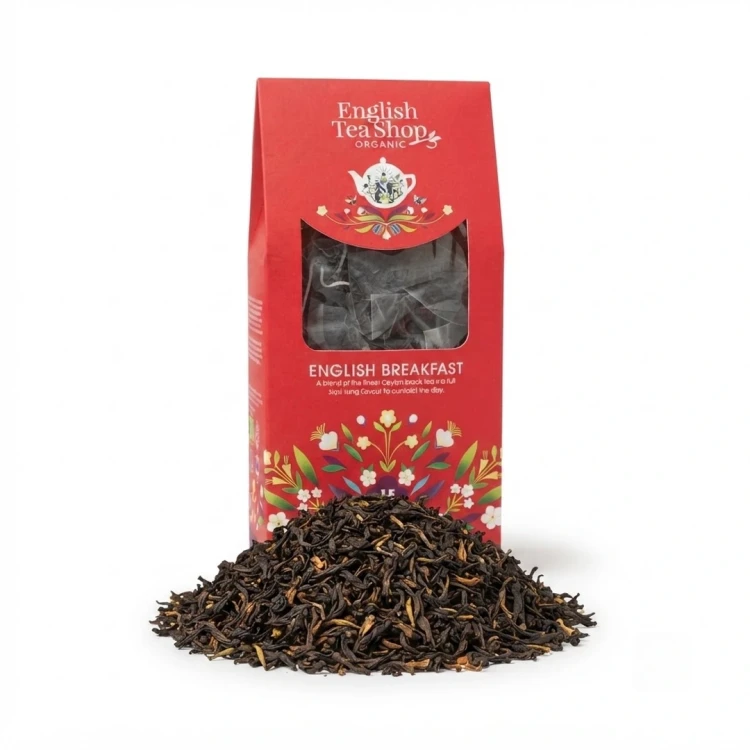 English Breakfast - organiczna herbata czarna cejlońska w piramidkach English Tea Shop — opakowanie i zawartość produktu