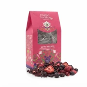 Organiczna herbatka ziołowa z hibiskusa z truskawkami. borówkami i malinami w piramidkach English Tea Shop — opakowanie i zaw