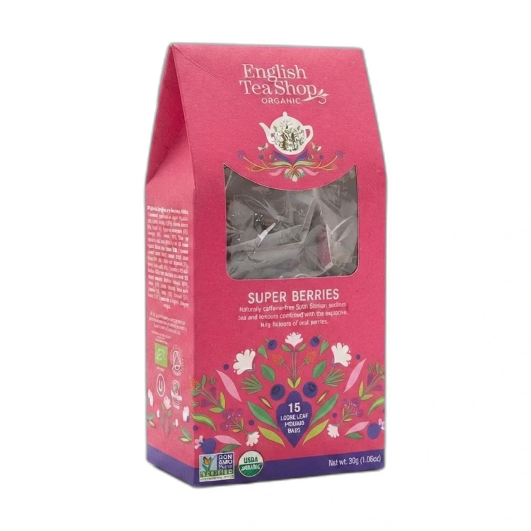 Organiczna herbatka ziołowa z hibiskusa z truskawkami. borówkami i malinami w piramidkach English Tea Shop 2