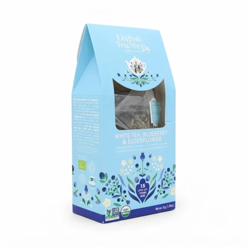 Organiczna herbata biała z dzikim bzem i borówką w piramidkach English Tea Shop — opakowanie, zdjęcie studyjne