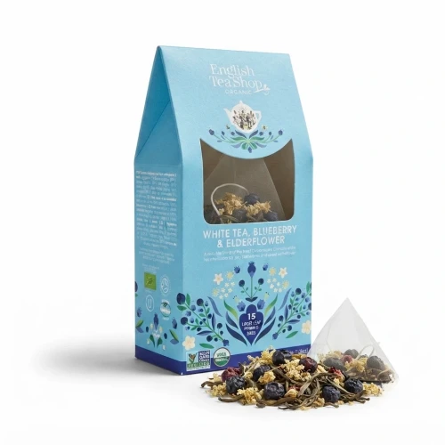 Organiczna herbata biała z dzikim bzem i borówką w piramidkach English Tea Shop — opakowanie i zawartość produktu