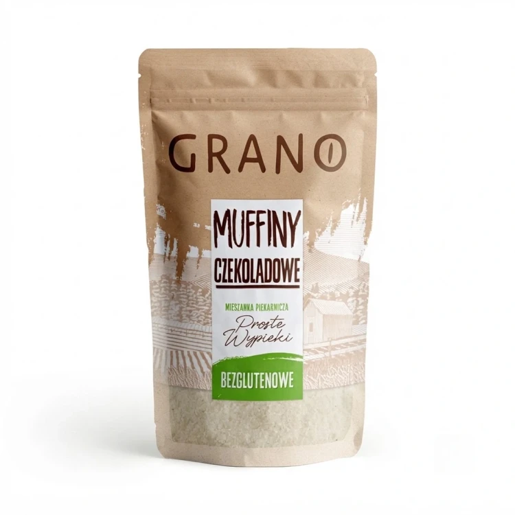 Bezglutenowe muffiny czekoladowe - mieszanka do pieczenia 500g Grano — opakowanie, zdjęcie studyjne