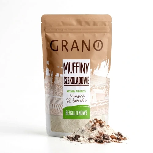 Bezglutenowe muffiny czekoladowe - mieszanka do pieczenia 500g Grano — opakowanie i zawartość produktu