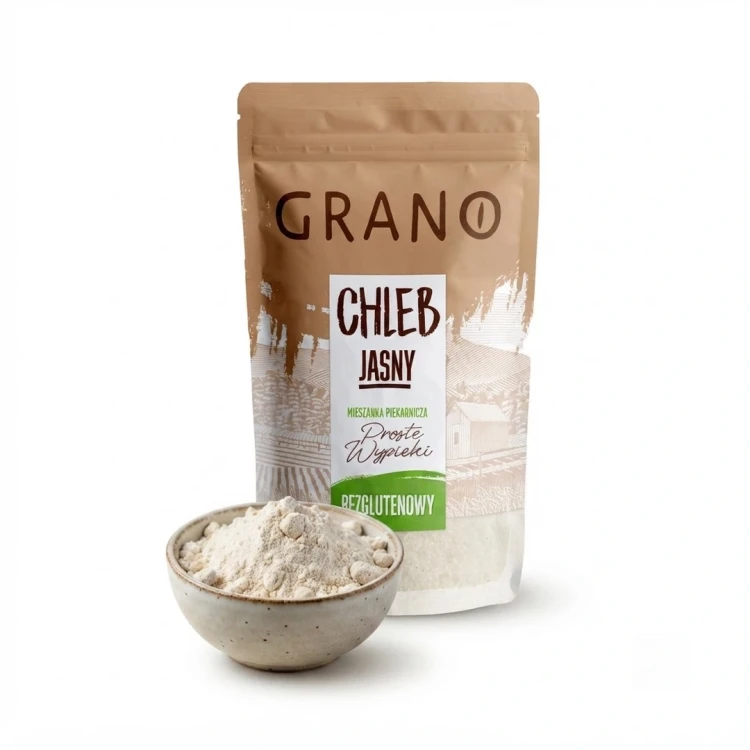 Jasny chleb bezglutenowy - mieszanka do pieczenia 500g Grano — opakowanie i zawartość produktu