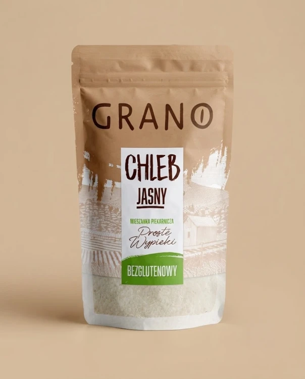 Jasny chleb bezglutenowy - mieszanka do pieczenia 500g Grano — opakowanie na tle w kolorze produktu
