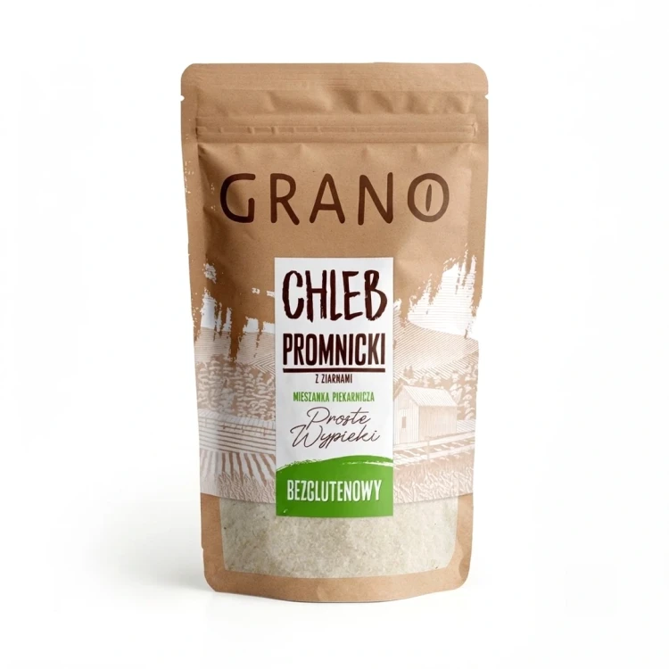 Promnicki chleb z ziarnami bezglutenowa mieszank do pieczenia 500g Grano — opakowanie, zdjęcie studyjne