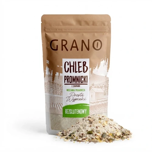 Promnicki chleb z ziarnami bezglutenowa mieszank do pieczenia 500g Grano — opakowanie i zawartość produktu