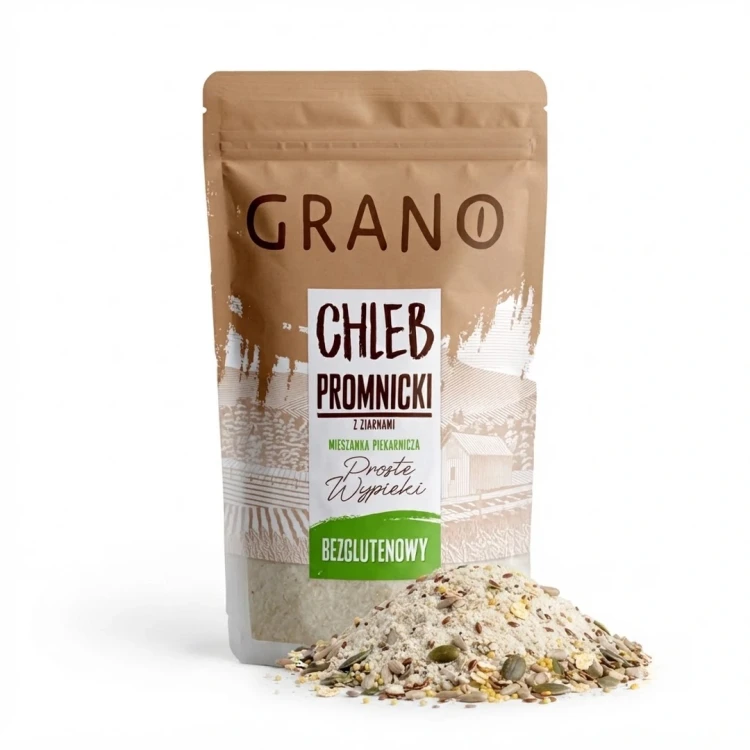 Promnicki chleb z ziarnami bezglutenowa mieszank do pieczenia 500g Grano — opakowanie i zawartość produktu