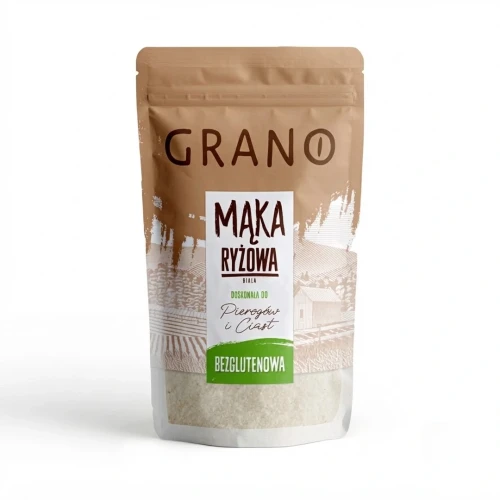 Bezglutenowa mąka ryżowa 500g Grano — opakowanie, zdjęcie studyjne