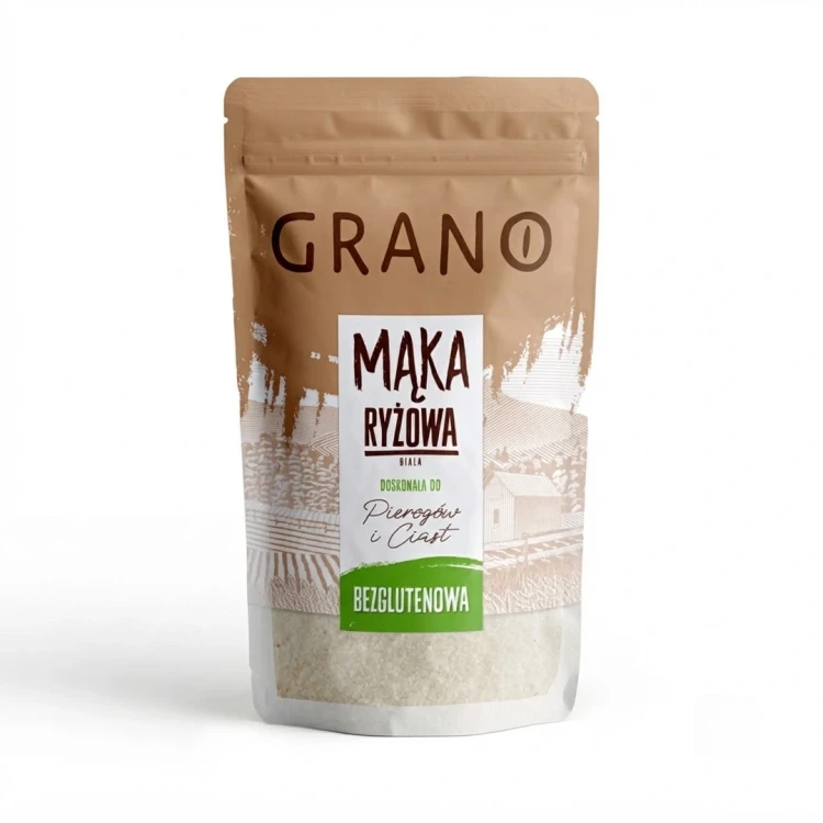 Bezglutenowa mąka ryżowa 500g Grano — opakowanie, zdjęcie studyjne