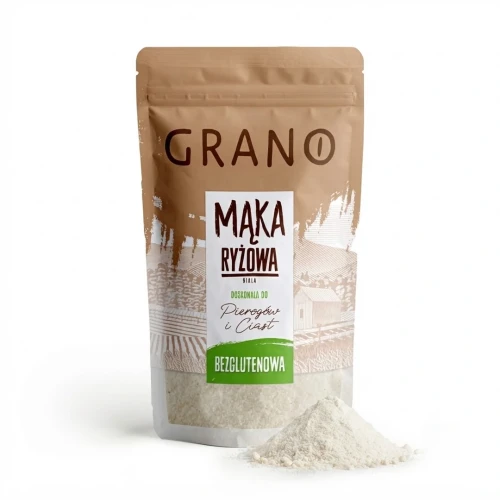 Bezglutenowa mąka ryżowa 500g Grano — opakowanie i zawartość produktu
