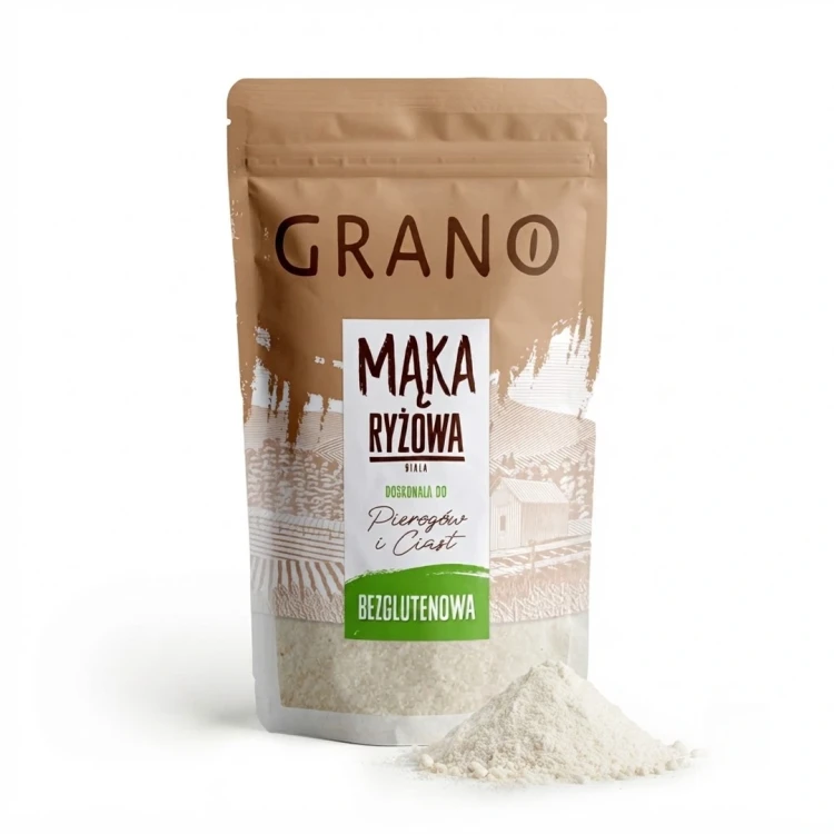 Bezglutenowa mąka ryżowa 500g Grano — opakowanie i zawartość produktu