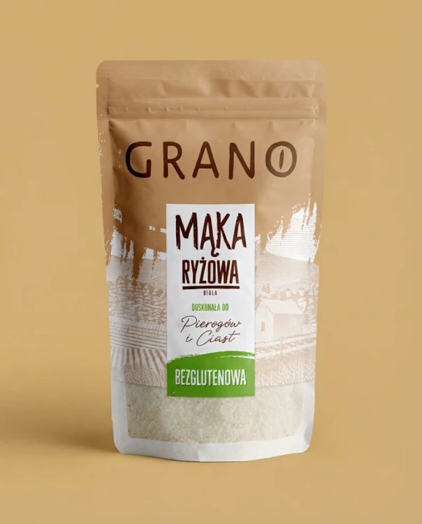 Bezglutenowa mąka ryżowa 500g Grano — opakowanie na tle w kolorze produktu