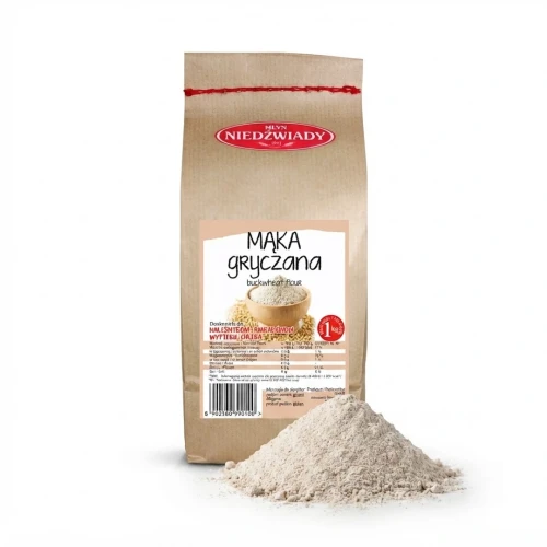 Mąka gryczana 1kg Młyn Niedźwiady — opakowanie i zawartość produktu