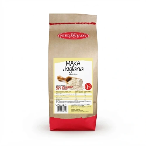 Mąka jaglana 1kg Młyn Niedźwiady — opakowanie, zdjęcie studyjne